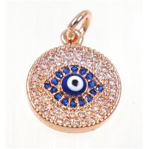 copper Evil eye pendant paved zircon, rose gold, approx 13mm dia