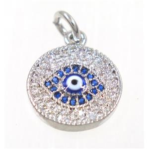 copper Evil eye pendant paved zircon, platinum plated, approx 13mm dia