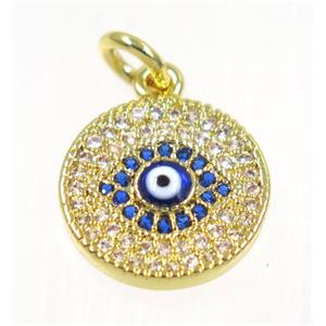 copper Evil eye pendant paved zircon, gold plated, approx 13mm dia