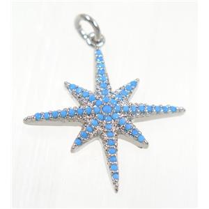 copper NorthStar pendant paved zircon, platinum plated, turq, approx 23x23mm