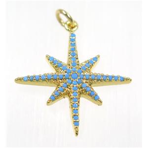 copper NorthStar pendant paved zircon, gold plated, turq, approx 23x23mm