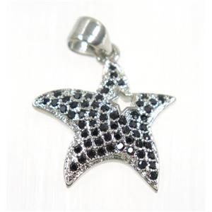 copper Star pendant paved zircon, platinum plated, approx 16mm