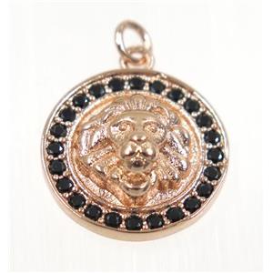 copper lionHead pendant paved zircon, rose gold, approx 15mm dia