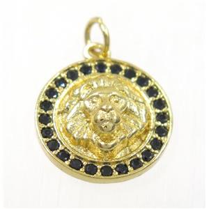 copper lionHead pendant paved zircon, gold plated, approx 15mm dia