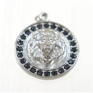 copper lionHead pendant paved zircon, platinum plated, approx 15mm dia
