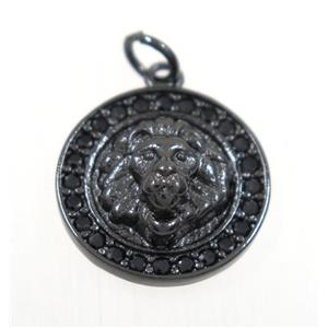 copper lionHead pendant paved zircon, black plated, approx 15mm dia