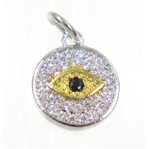 copper Evil eye pendant paved zircon, platinum plated, approx 11.5mm dia