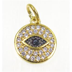 copper Evil eye pendant paved zircon, gold plated, approx 11.5mm dia