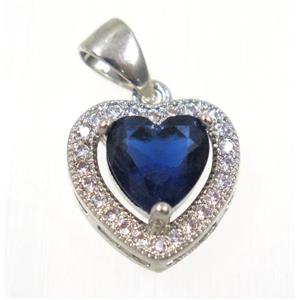copper Heart pendant paved blue zircon, platinum plated, approx 12x12mm