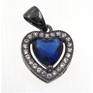 copper Heart pendant paved blue zircon, black plated, approx 12x12mm
