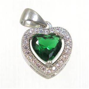 copper Heart pendant paved green zircon, platinum plated, approx 12x12mm