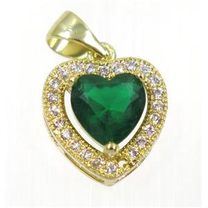 copper Heart pendant paved green zircon, gold plated, approx 12x12mm