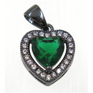 copper Heart pendant paved green zircon, black plated, approx 12x12mm