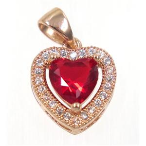 copper Heart pendant paved red zircon, rose gold, approx 12x12mm