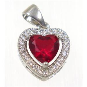 copper Heart pendant paved red zircon, platinum plated, approx 12x12mm