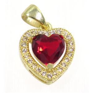 copper Heart pendant paved red zircon, gold plated, approx 12x12mm