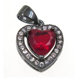 copper Heart pendant paved red zircon, black plated, approx 12x12mm