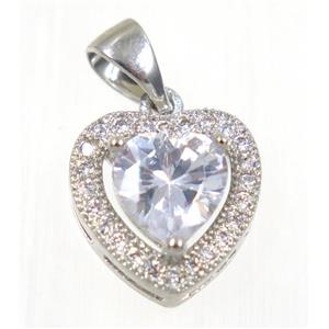 copper Heart pendant paved white zircon, platinum plated, approx 12x12mm
