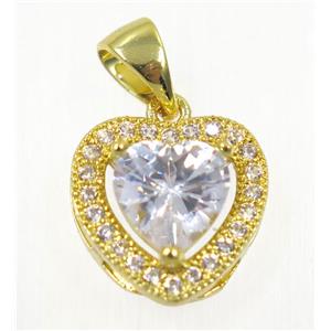 copper Heart pendant paved white zircon, gold plated, approx 12x12mm