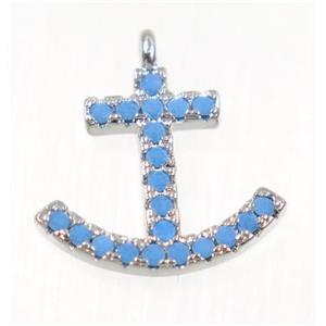 copper Anchor pendant paved zircon, platinum plated, approx 12x14mm