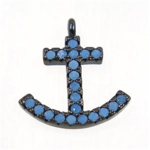 copper Anchor pendant paved zircon, black plated, approx 12x14mm