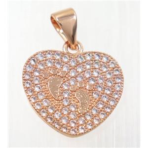 copper paw heart pendant paved zircon, rose gold, approx 14x16mm