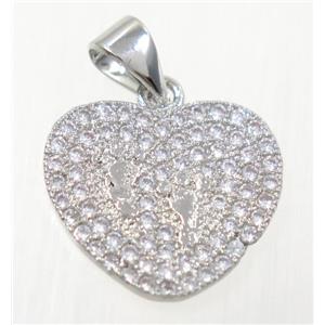 copper paw heart pendant paved zircon, platinum plated, approx 14x16mm