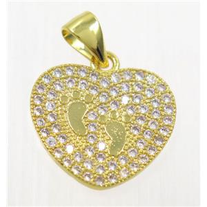 copper paw heart pendant paved zircon, gold plated, approx 14x16mm