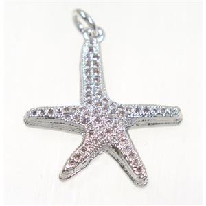 copper Starfish pendant paved zircon, platinum plated, approx 22x23mm