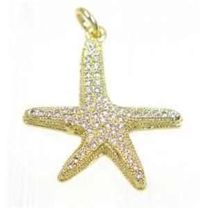 copper Starfish pendant paved zircon, gold plated, approx 22x23mm