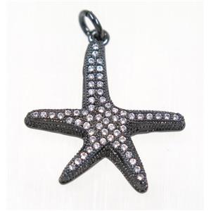copper Starfish pendant paved zircon, black plated, approx 22x23mm