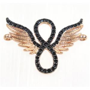 copper angel wing pendant paved zircon with 2loops, rose gold, approx 18x25mm
