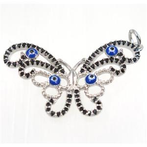 copper butterfly pendant paved zircon with evil eye, platinum plated, approx 18x30mm