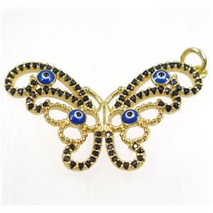 copper butterfly pendant paved zircon with evil eye, gold plated, approx 18x30mm