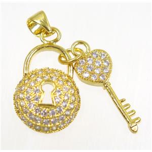 copper lock-key pendant paved zircon, gold plated, approx 8-18mm