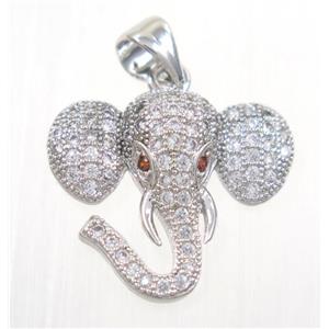copper elephant pendant paved zircon, platinum plated, approx 16x18mm