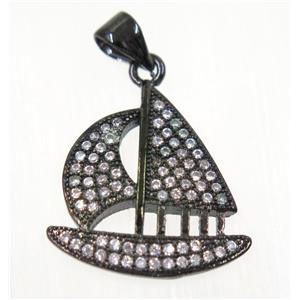 copper Sailing Boat pendant paved zircon, black plated, approx 18x18mm