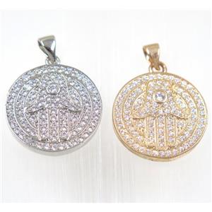 copper Hamsahand pendant paved zircon, mix color, approx 20mm dia