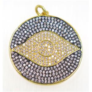 copper Evil eye pendant paved zircon, gold plated, approx 26mm dia