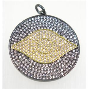 copper Evil eye pendant paved zircon, black plated, approx 26mm dia