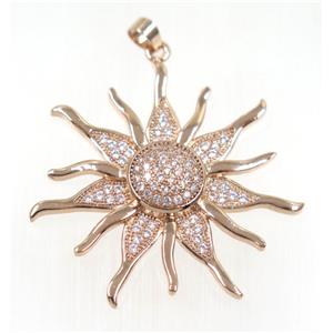 copper SunFlower pendant paved zircon, rose gold, approx 35mm