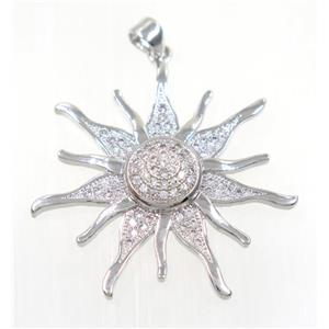 copper SunFlower pendant paved zircon, platinum plated, approx 35mm