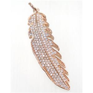 copper Feather pendant paved zircon, rose gold, approx 12x42mm