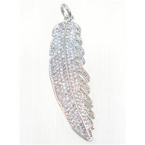 copper Feather pendant paved zircon, platinum plated, approx 12x42mm