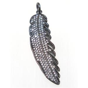 copper Feather pendant paved zircon, black plated, approx 12x42mm