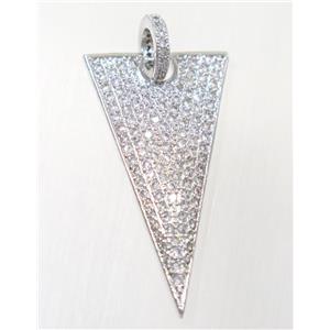 copper Triangle pendant paved zircon, platinum plated, approx 18x35mm