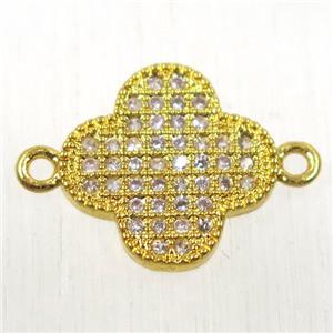 copper connector paved zircon, four-leaf Clover, gold plated, approx 13mm dia