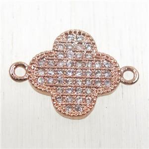 copper connector paved zircon, four-leaf Clover, rose gold, approx 13mm dia