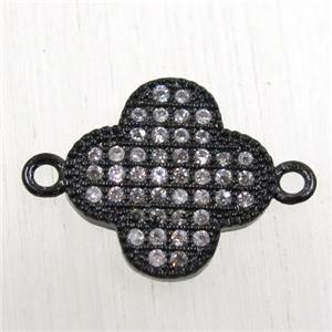 copper connector paved zircon, four-leaf Clover, black plated, approx 13mm dia