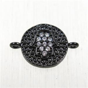 copper circle connector paved zircon with hamsahand, black plated, approx 9mm dia